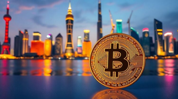 Golden Bitcoin coin with a Chinese skyline in background.