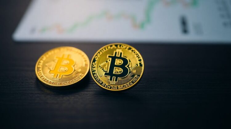 Photograph of a Bitcoin coin on a wooden surface.