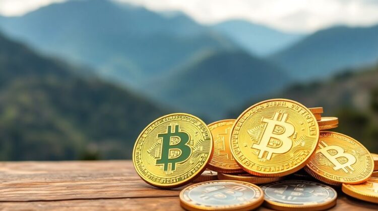 Close-up of Bitcoin coins on a wooden table.