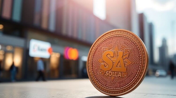 Photograph of a Solana coin with urban background.